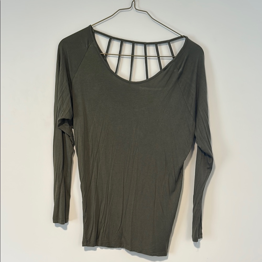 Green Ribbed Long Sleeve Cut Out Blouse